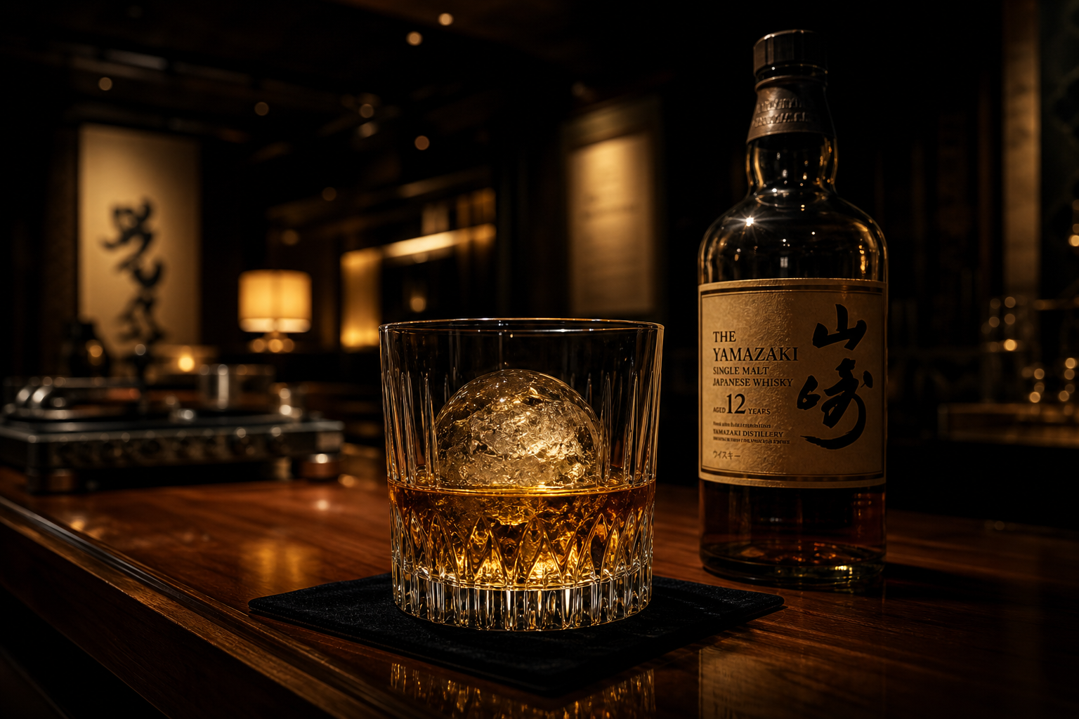 Premium Japanese whisky poured over carved ice